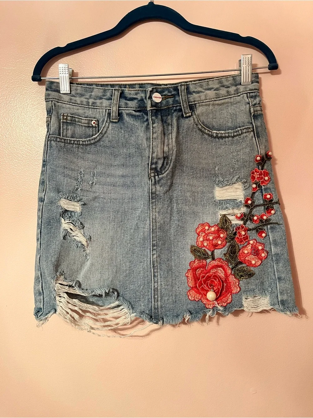 Embroidered Red Floral Distressed Denim Skirt - Women